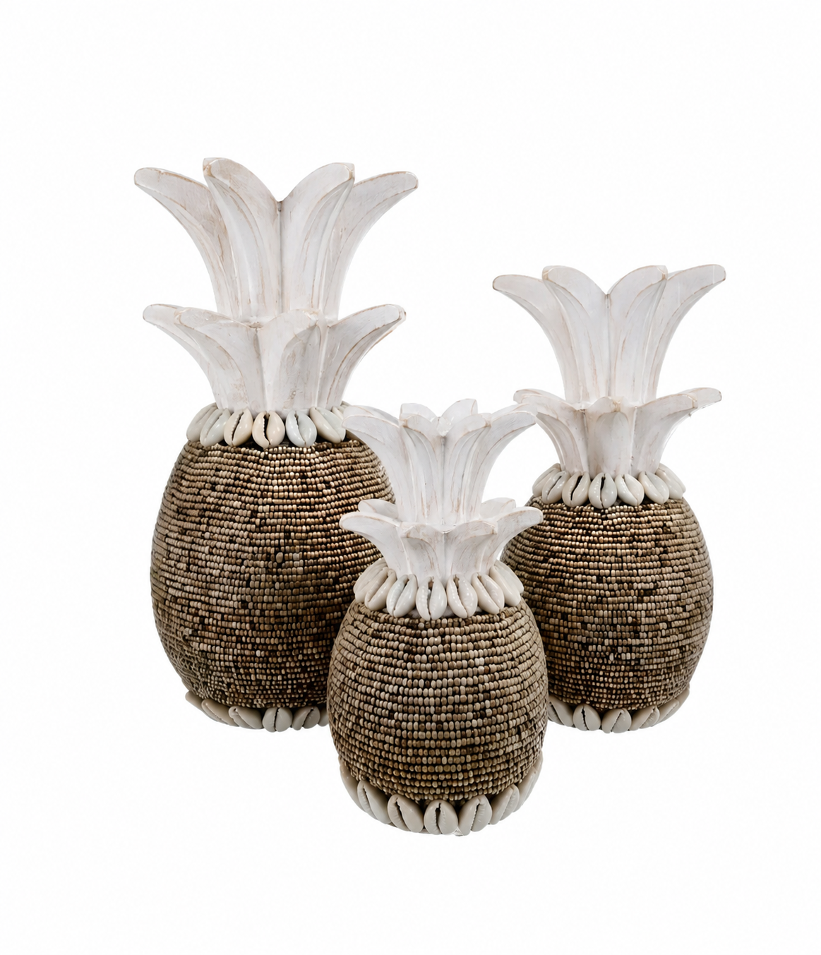 Ananas décoratif en bois blanc, perles & coquillages