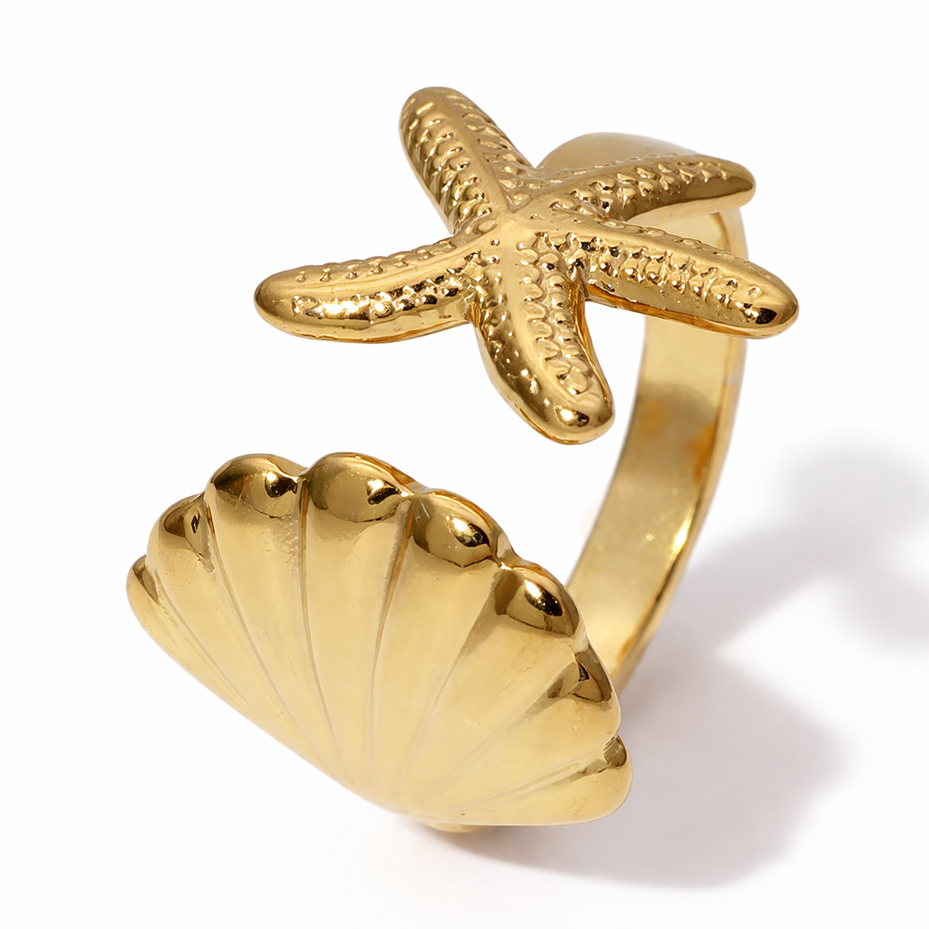Bague Océan Étoile de Mer & Coquillage – Acier Inoxydable