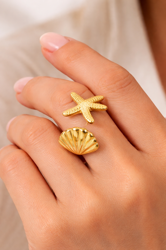 Bague Océan Étoile de Mer & Coquillage – Acier Inoxydable