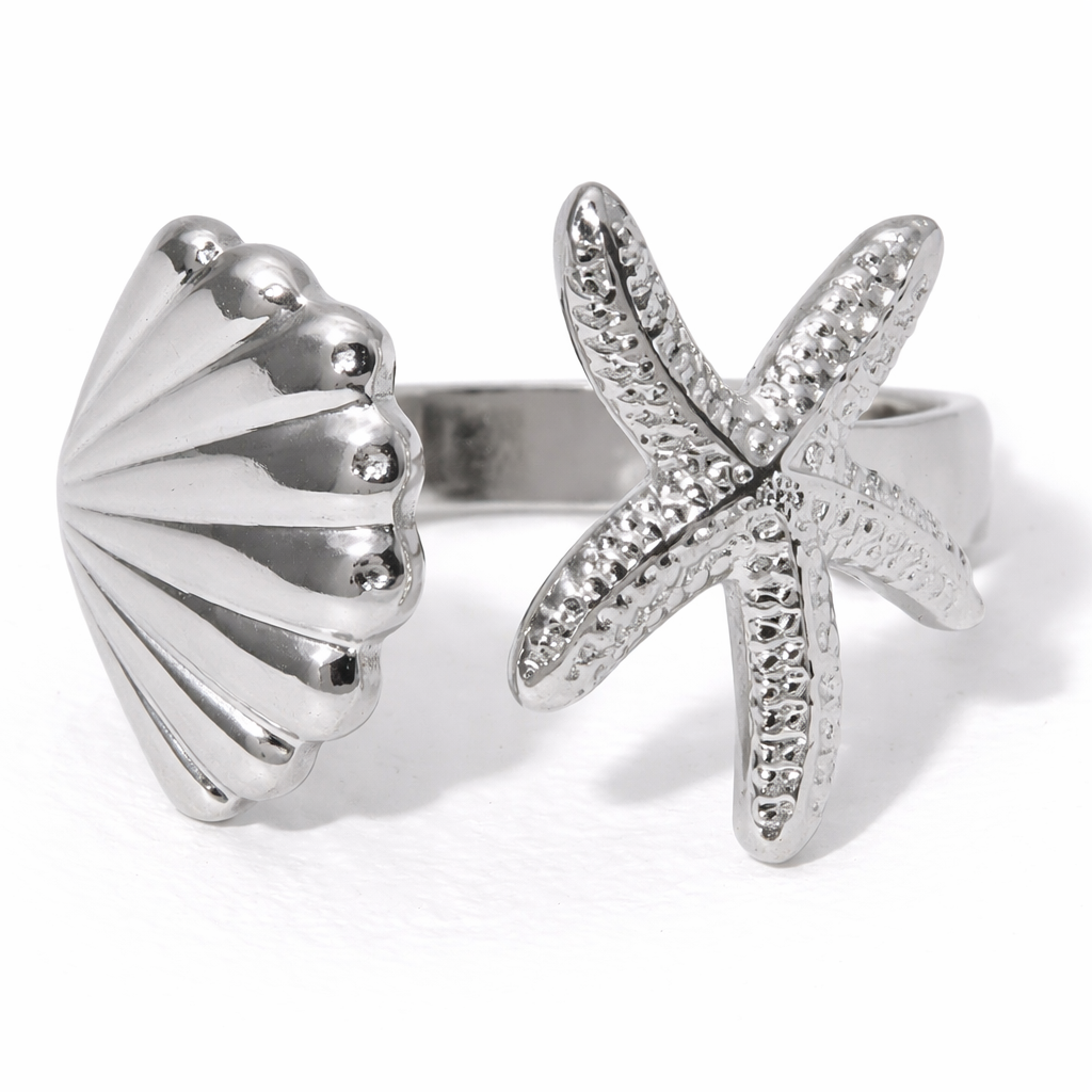 Bague Océan Étoile de Mer & Coquillage – Acier Inoxydable Ajustable