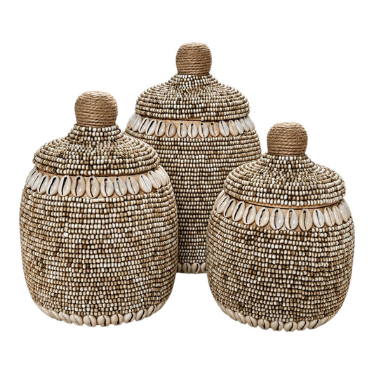 Boîte décorative en perles beiges & coquillages 