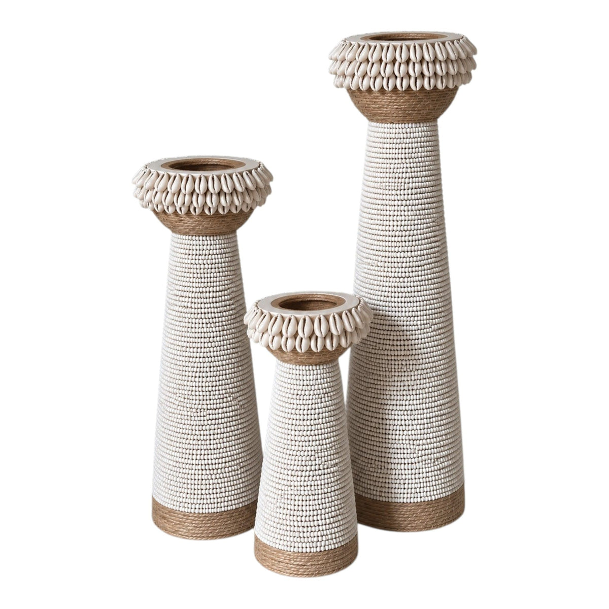 Bougeoir en perles blanches & coquillages 