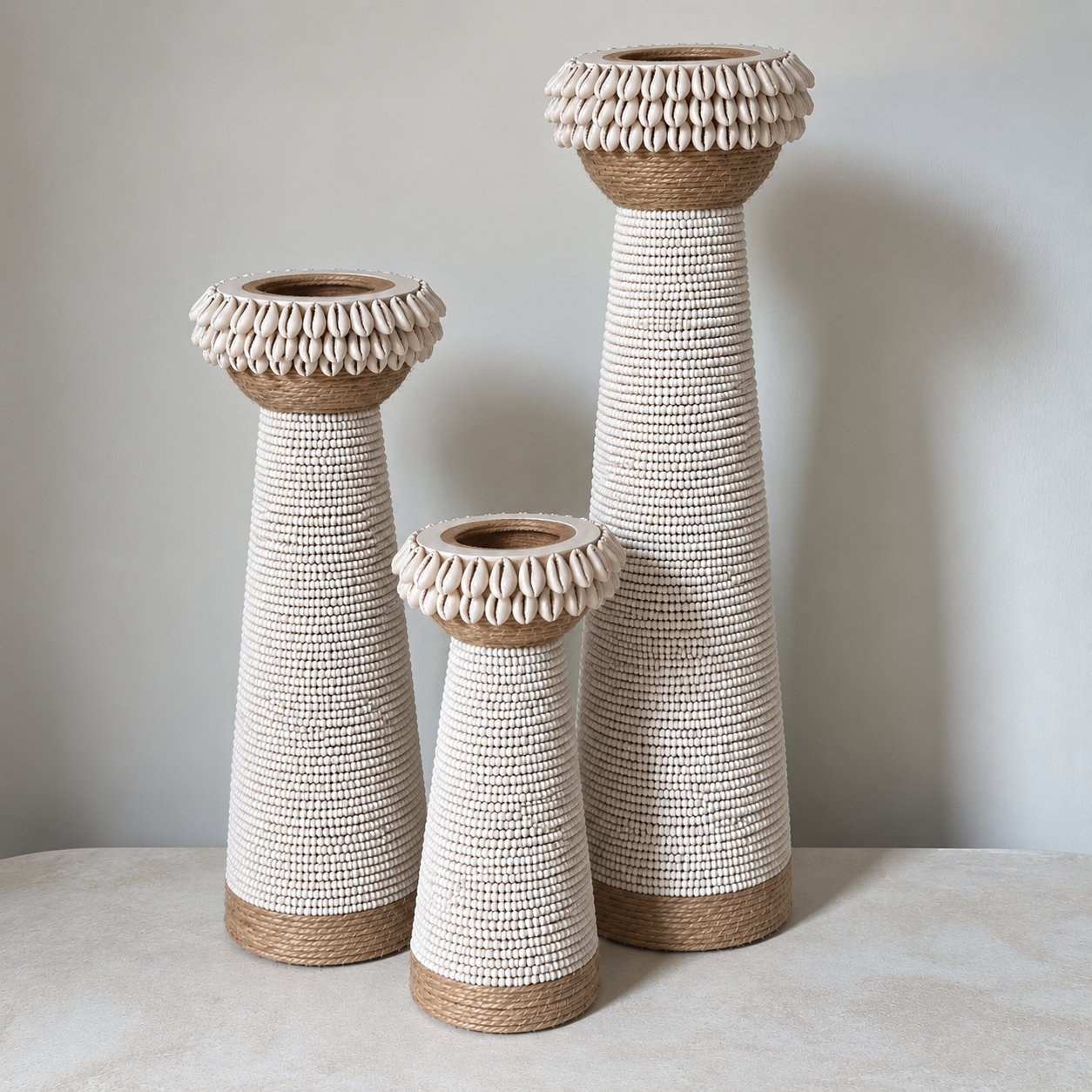 Bougeoir en perles blanches et coquillages cauris