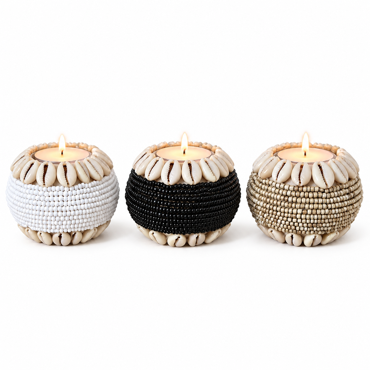 Petit bougeoir en perles & coquillages 
