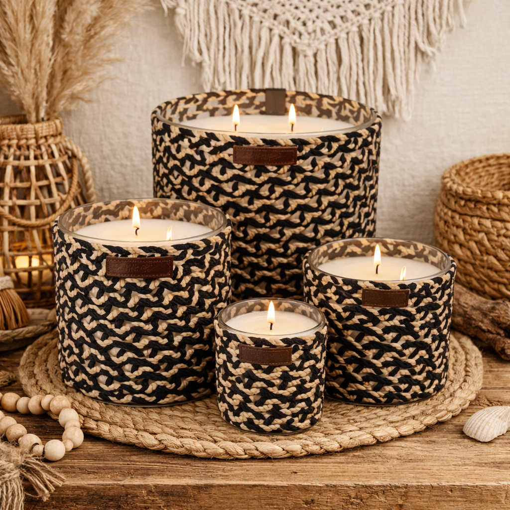 Bougie raphia & cuir Mina –  noir