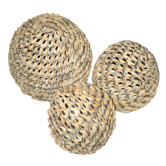 Boules décoratives en coquillages beiges texturés, objet déco naturel bord de mer