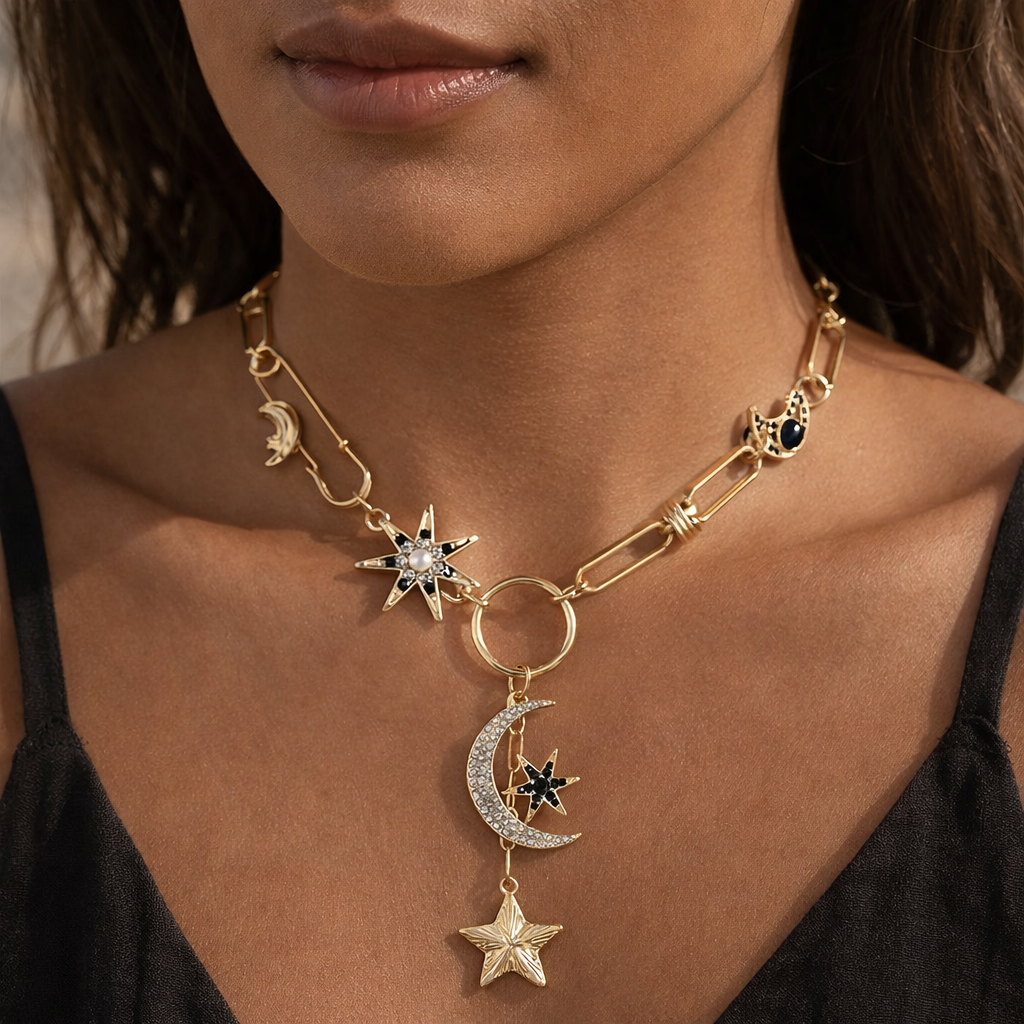 Collier Pendentif Lune & Étoile Doré – Maillons Modernes Élégants
