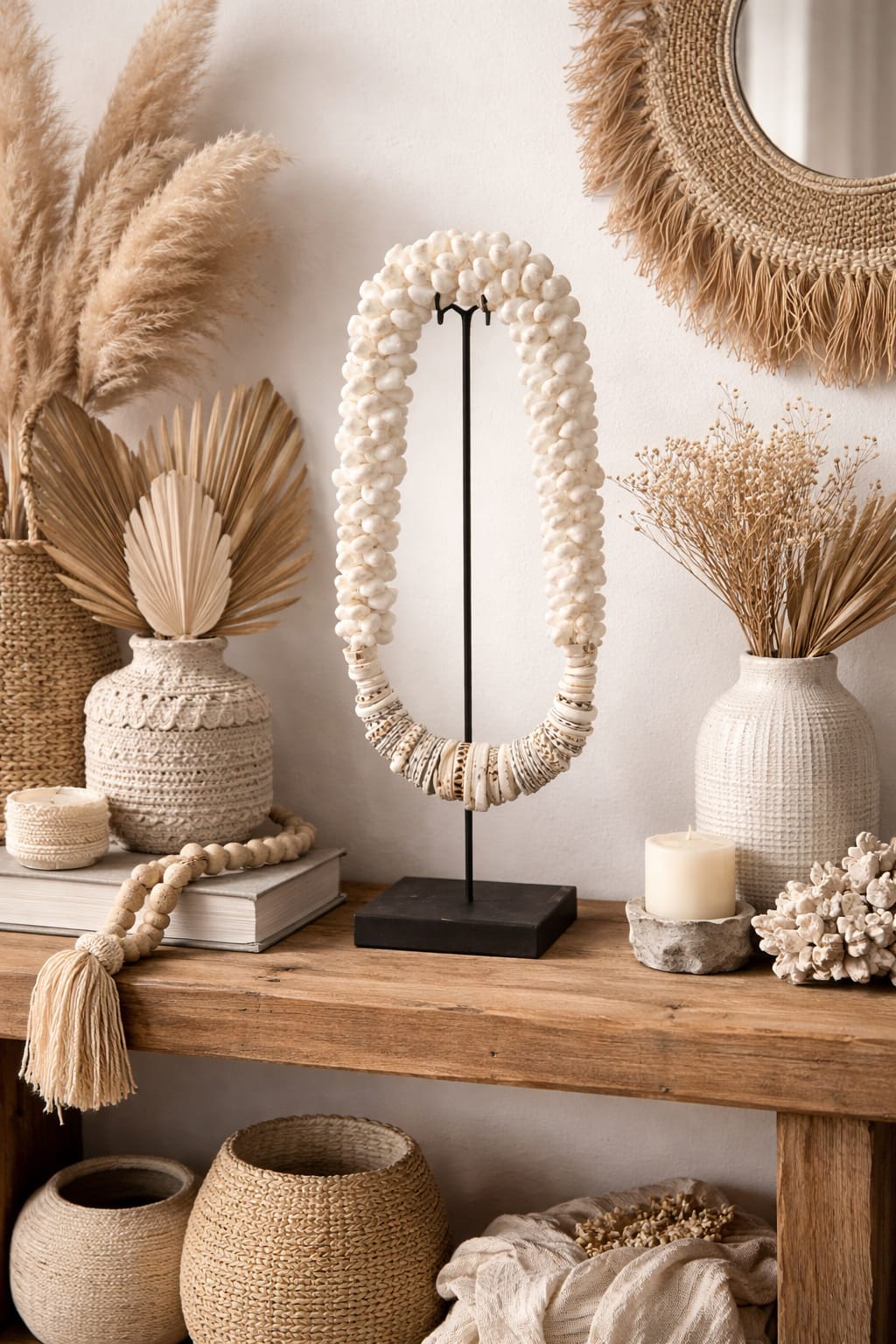 Collier décoratif en coquillages sur socle – Blanc naturel