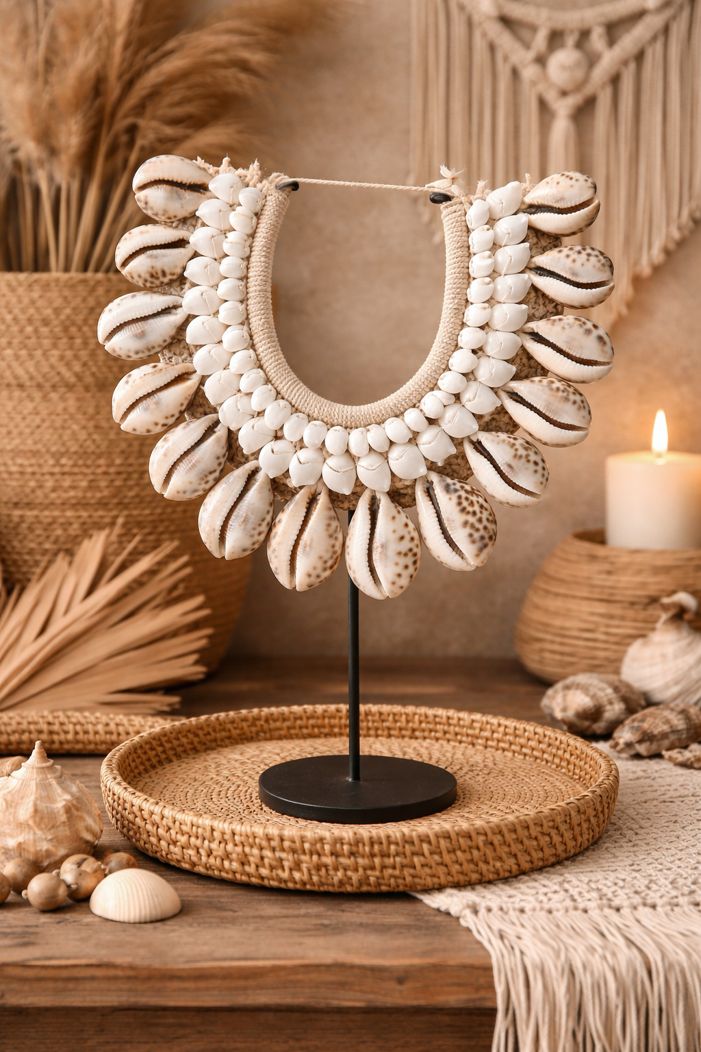 Collier décoratif en coquillages sur socle – Large