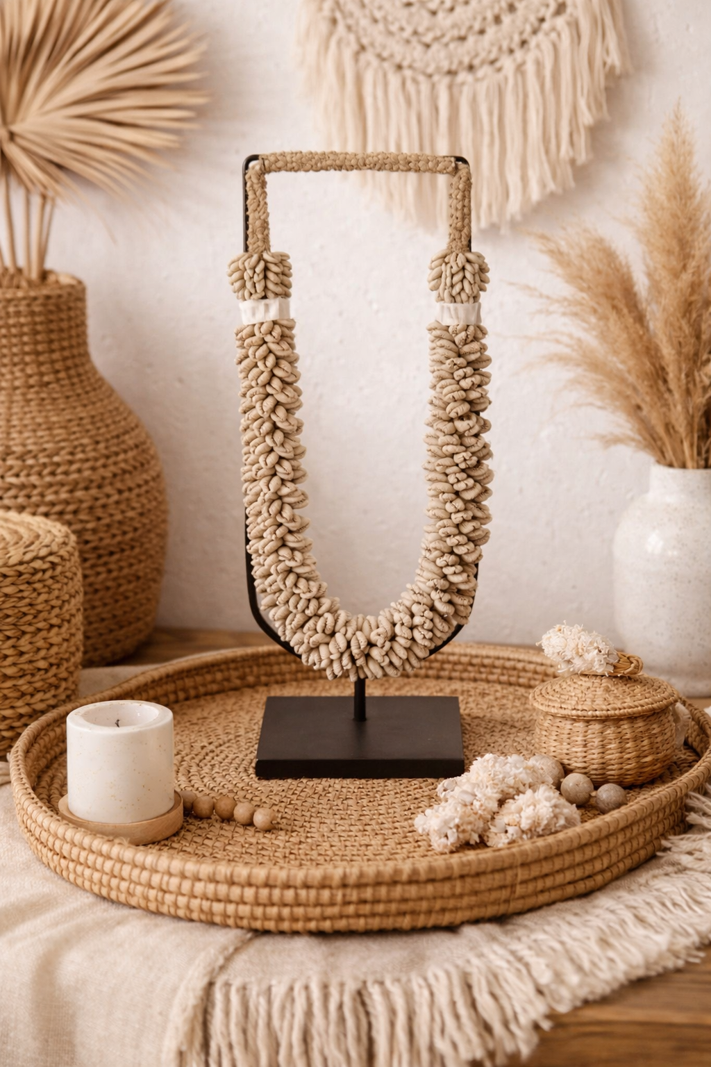 Collier décoratif en coquillages sur socle – Coquillages beiges
