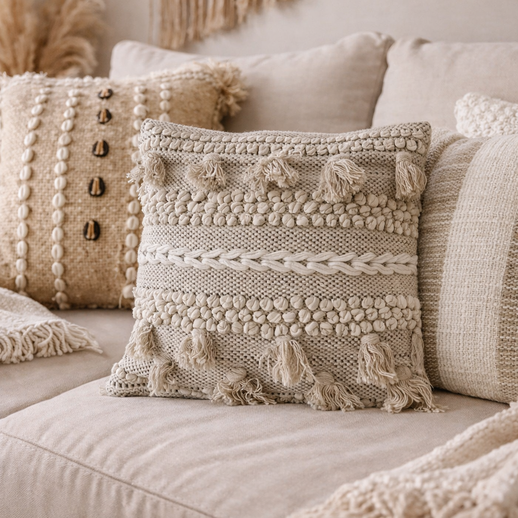 Coussin Bohème 45x45 - Franges Beiges