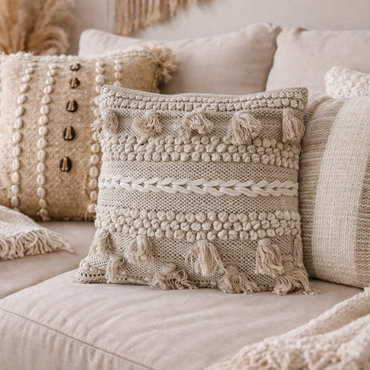 Coussin Bohème 45x45 - Franges Beiges