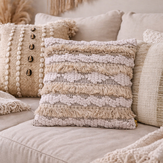 Coussin Bohème 45x45 - Beige à Franges