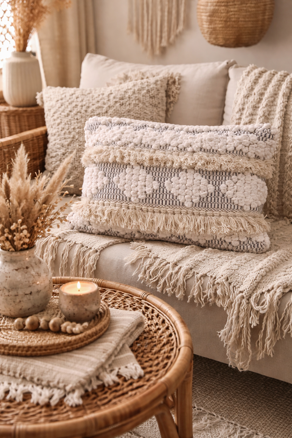 Coussin Bohème 30x50 - Beige à Franges