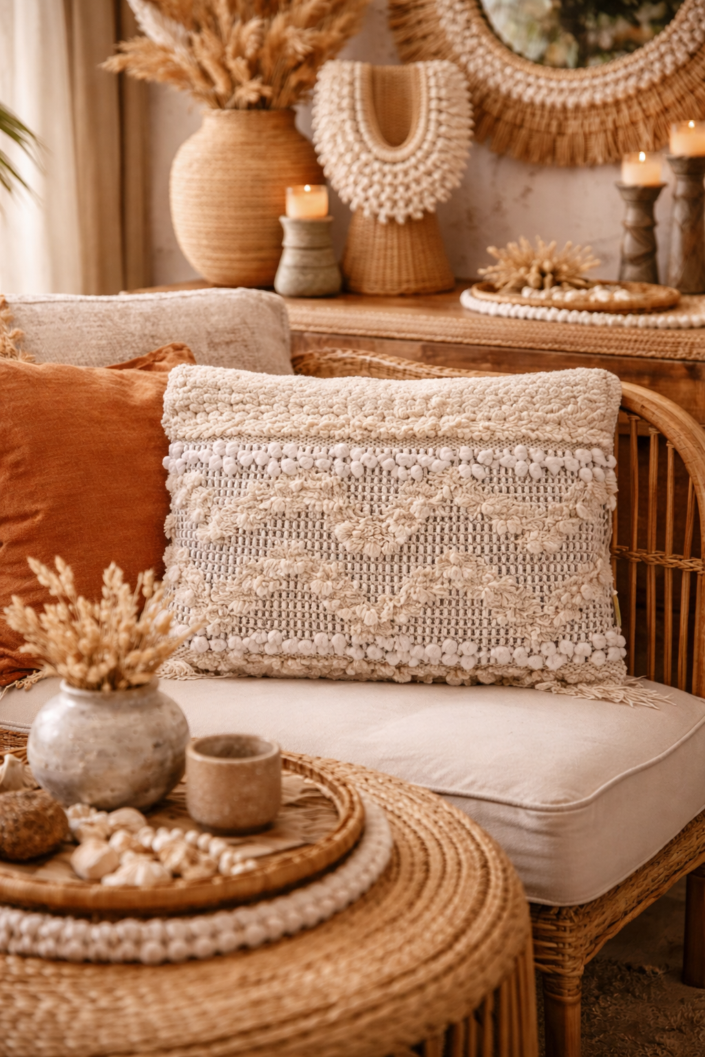 Coussin Bohème 30x50 - Beige Motif Graphique