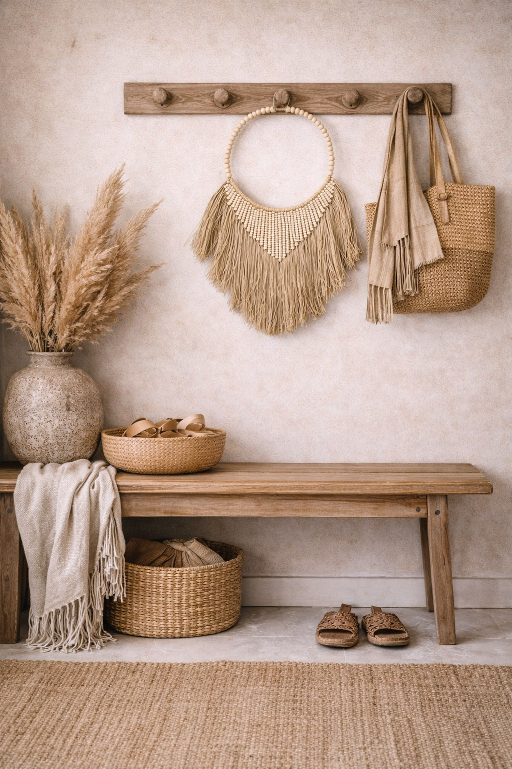 Suspension décorative en raphia & perles beiges