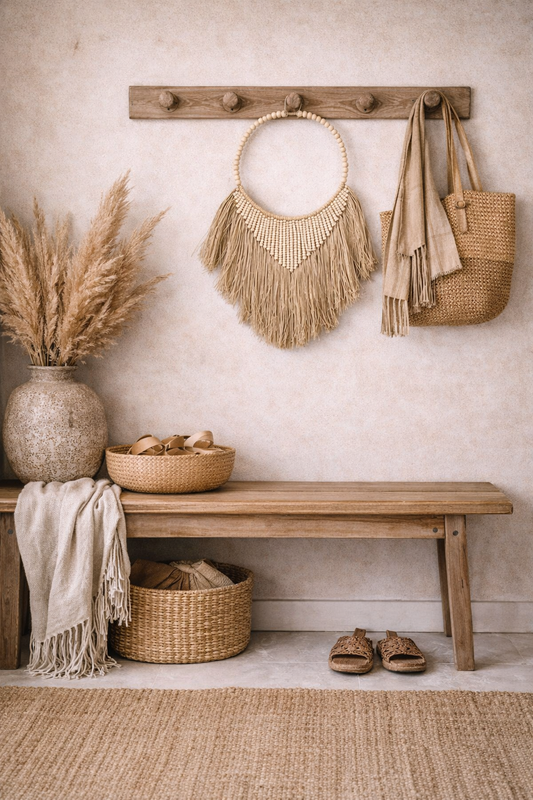 Suspension décorative en raphia & perles beiges