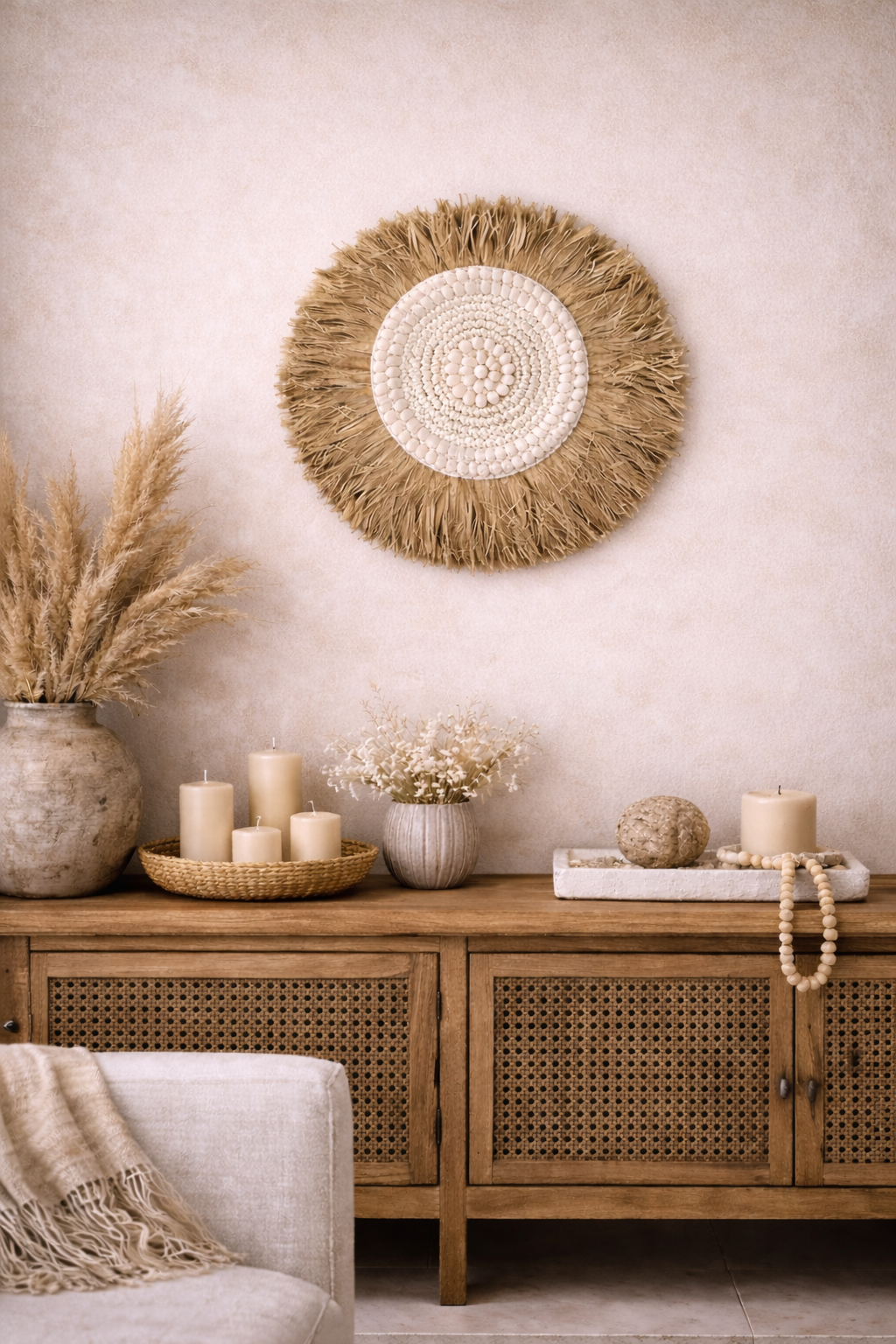 Juju Hat mural en raphia, coquillages et macramé