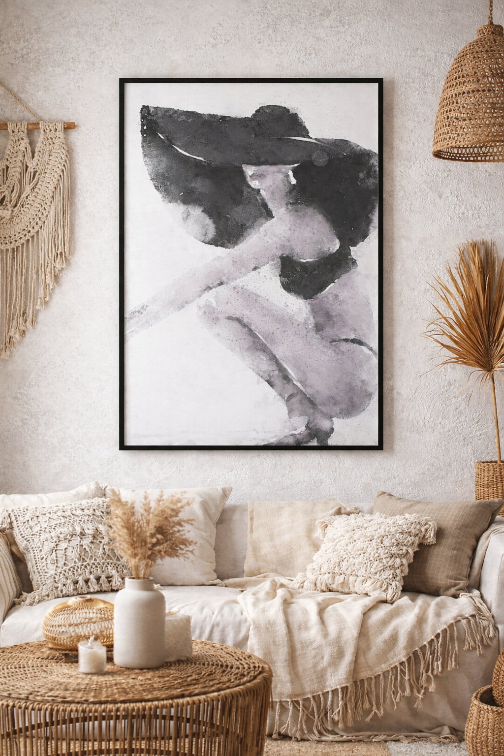 Tableau femme au chapeau – Toile noir & blanc 90x120 cm