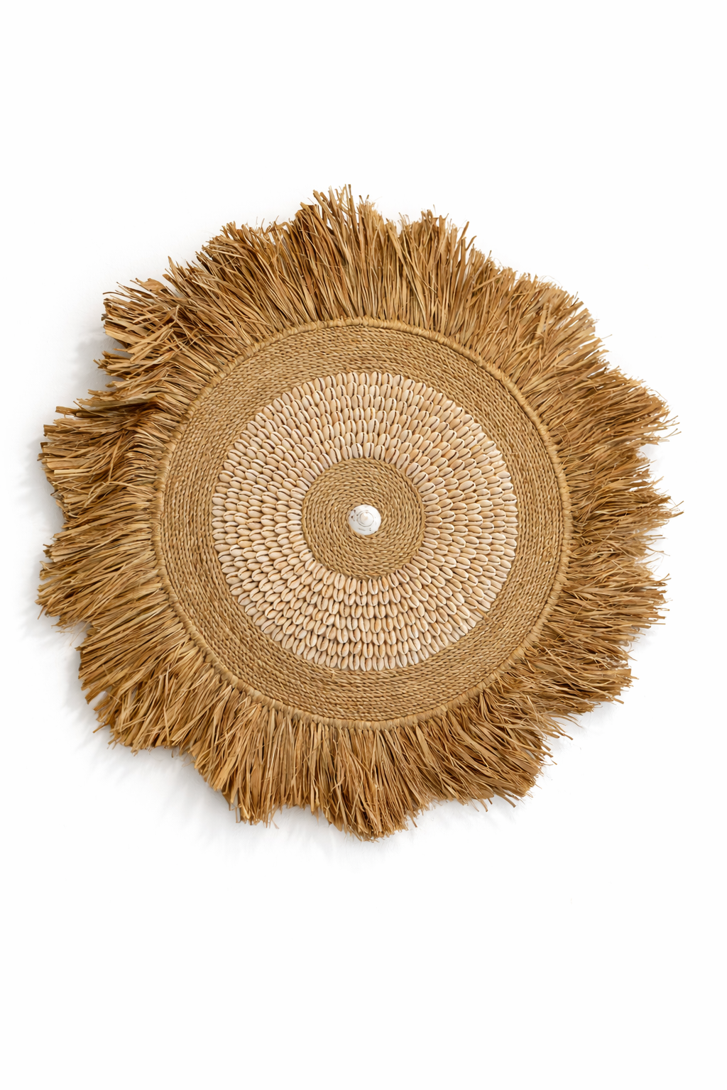 Décoration murale bohème en raphia naturel et coquillages – Fait main à Bali