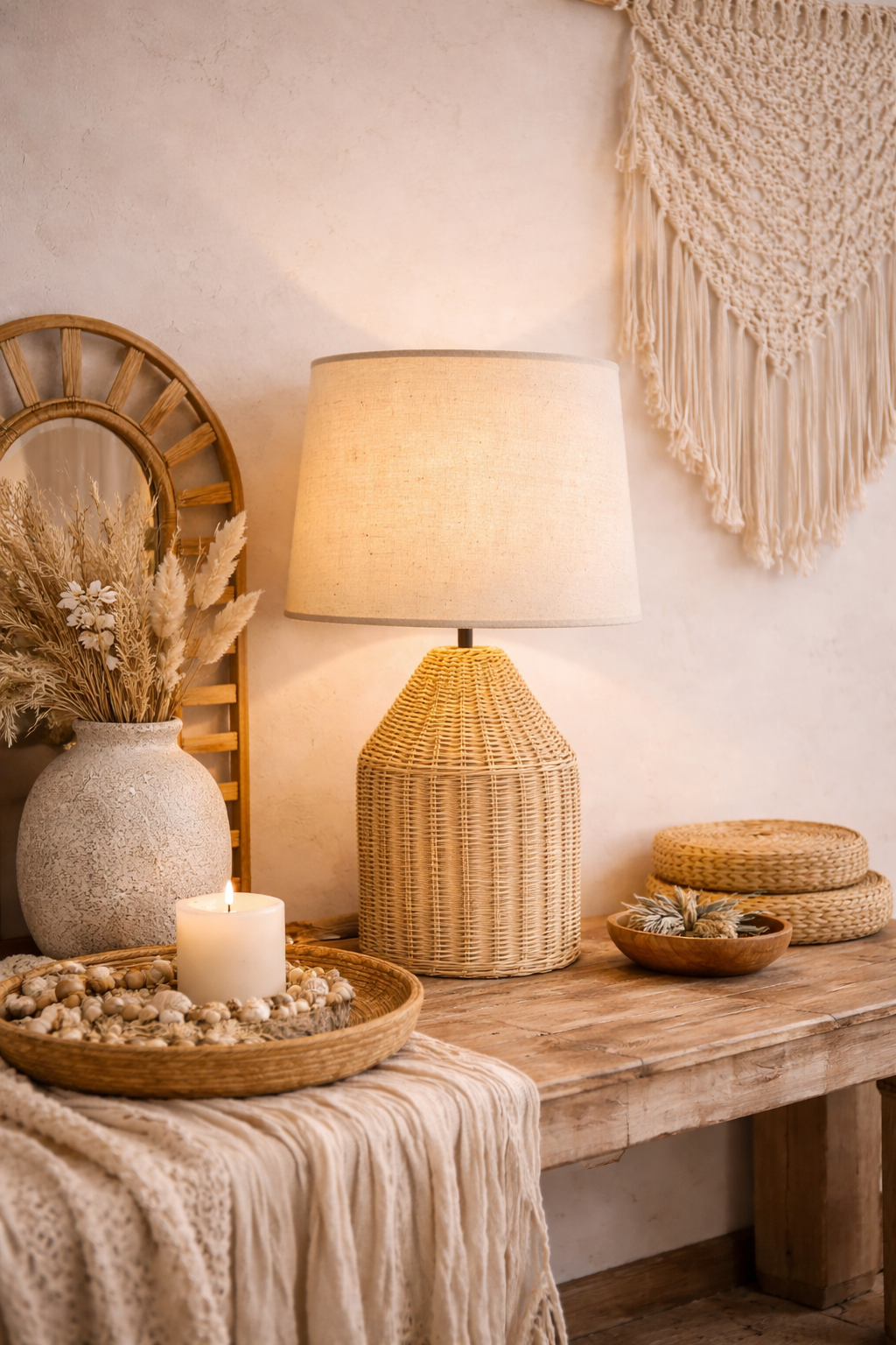 Lampe en rotin tressé et abat-jour en lin