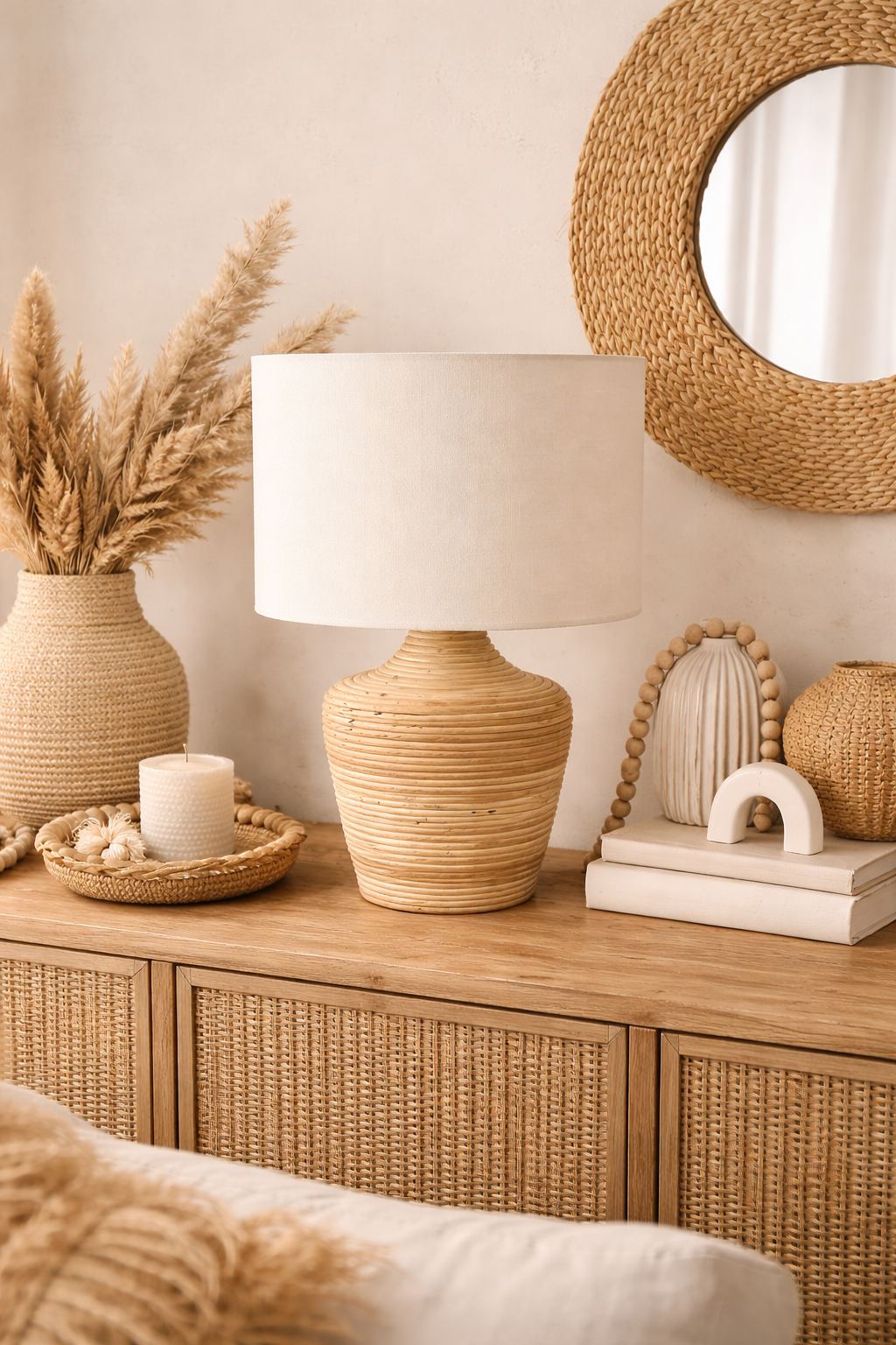 Lampe en rotin et abat-jour en lin