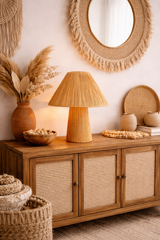 Lampe à poser conique en raphia naturel