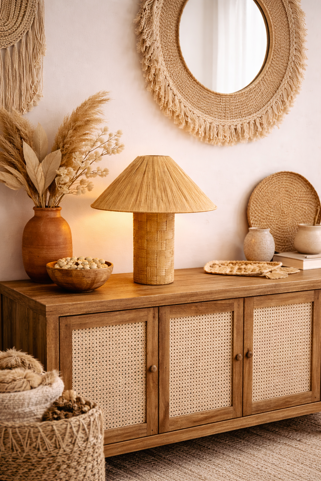 Lampe à poser en raphia tressé