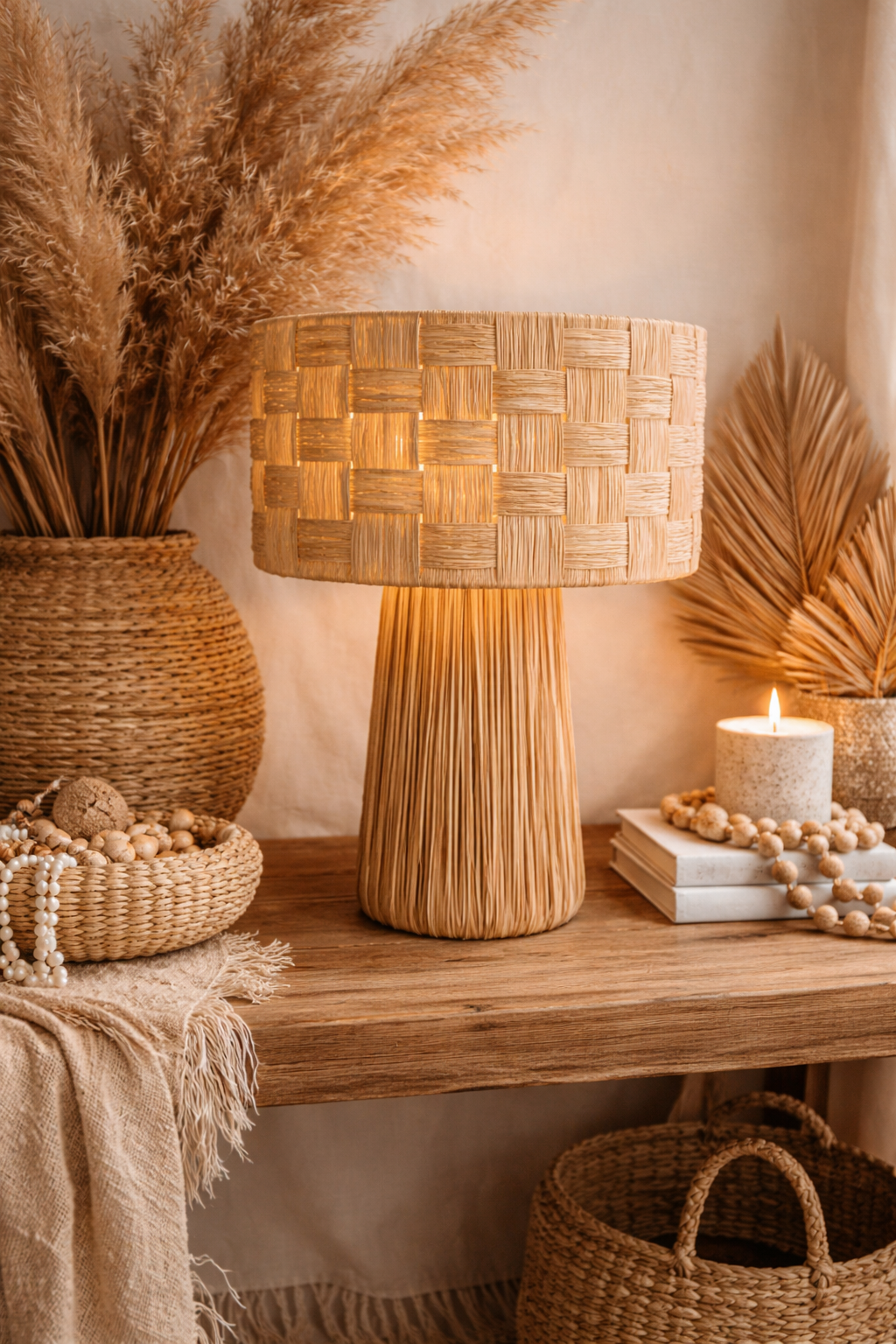Lampe à poser beige en raphia naturel
