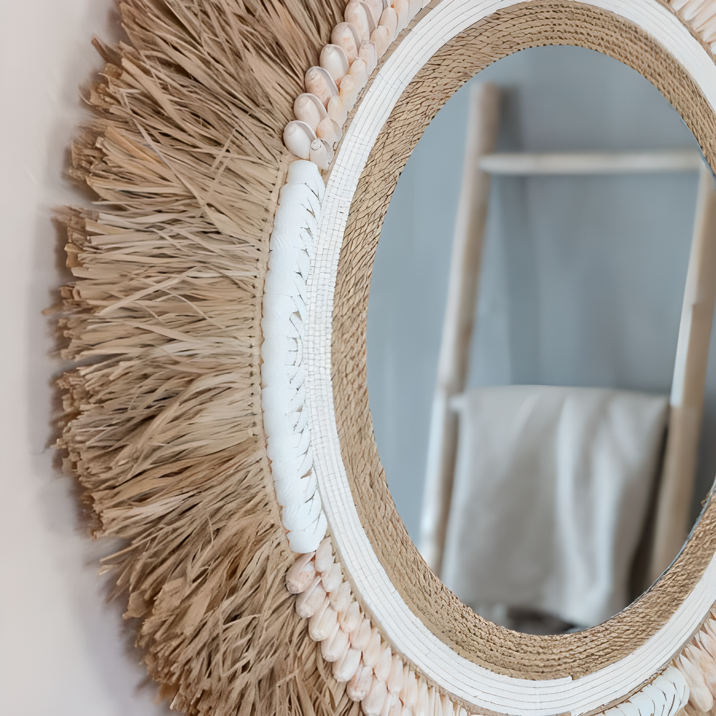 Miroir rond en jonc de mer naturel