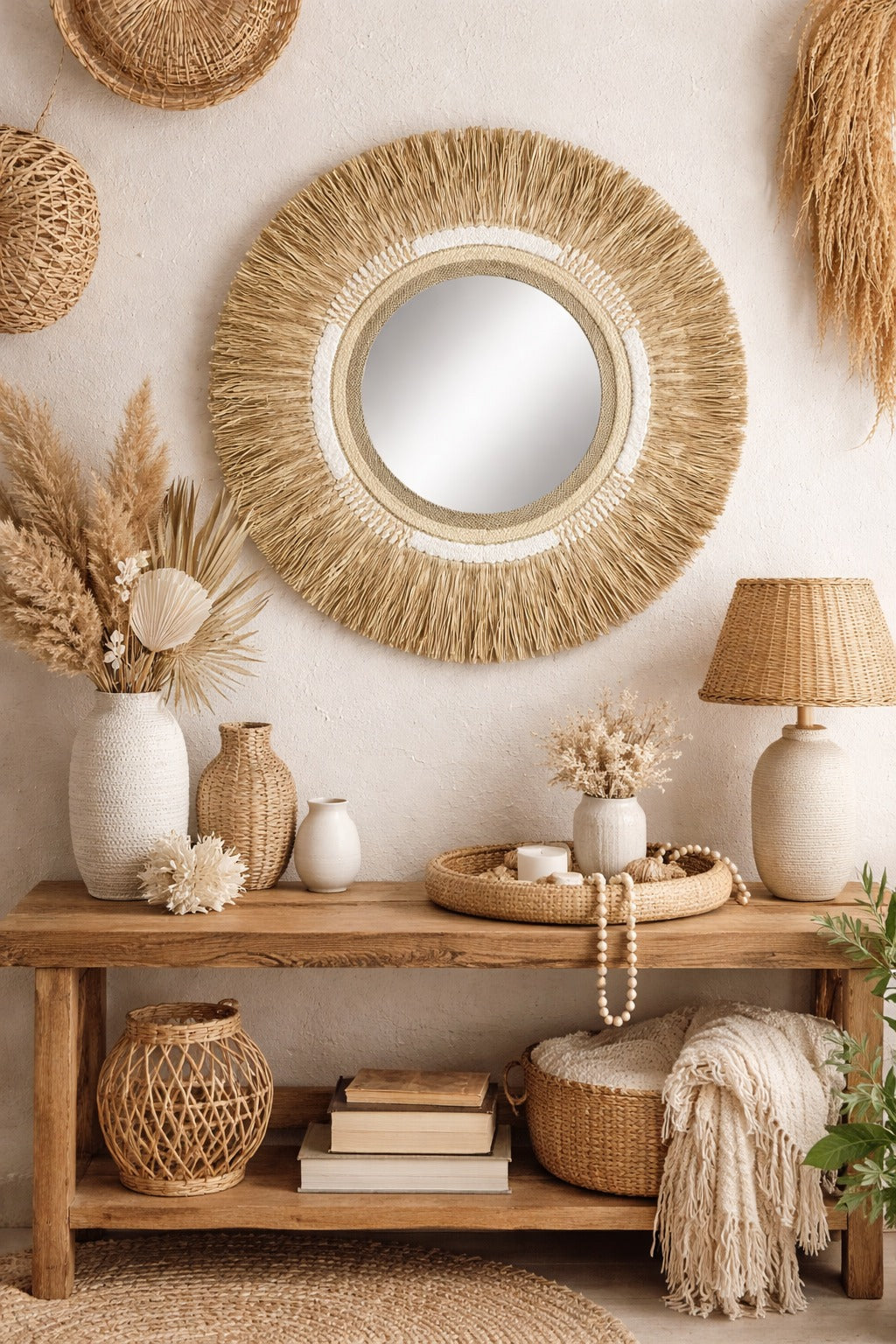 Miroir rond en jonc de mer naturel