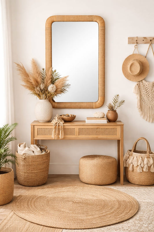 Miroir mural rectangulaire en rotin naturel