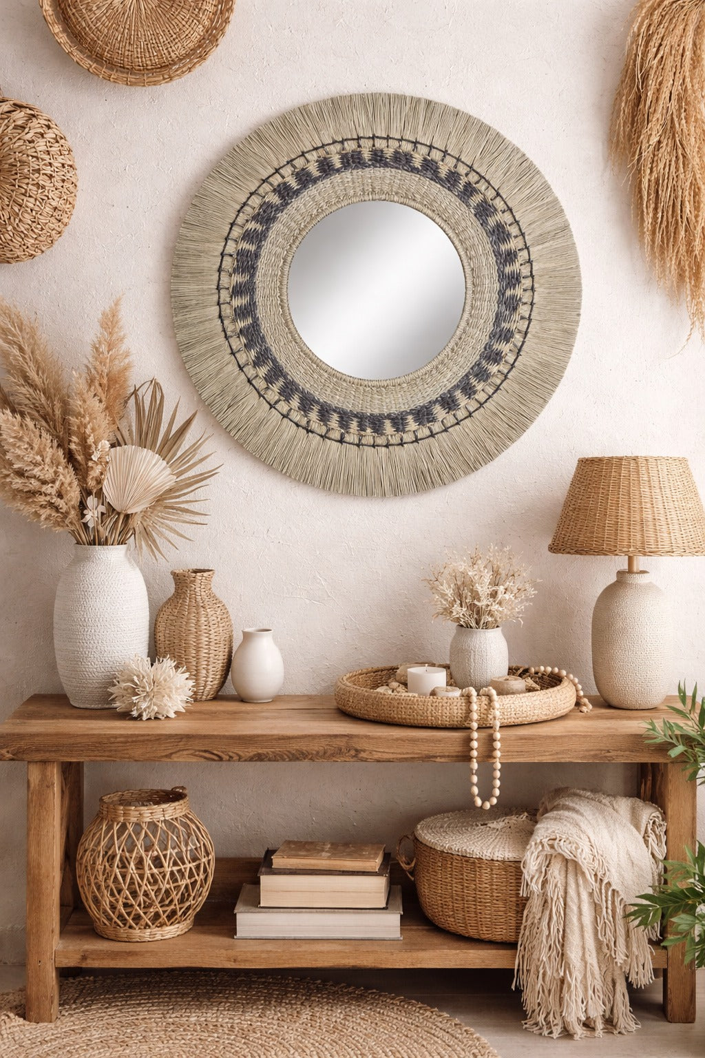 Miroir en jonc de mer naturel noir