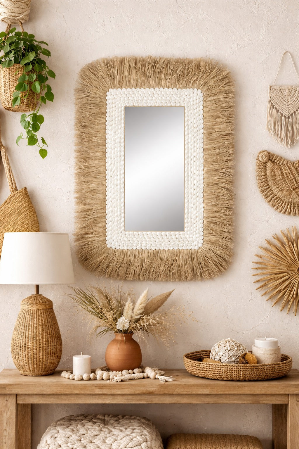 Miroir mural en jonc de mer naturel