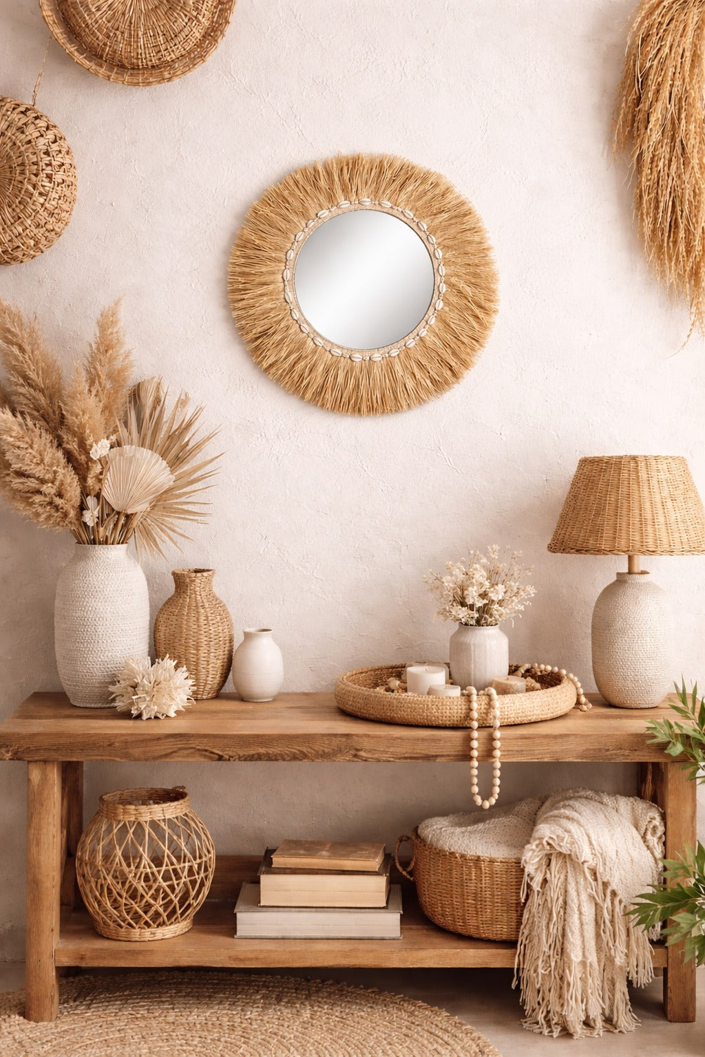 Miroir mural cauri naturel en raphia