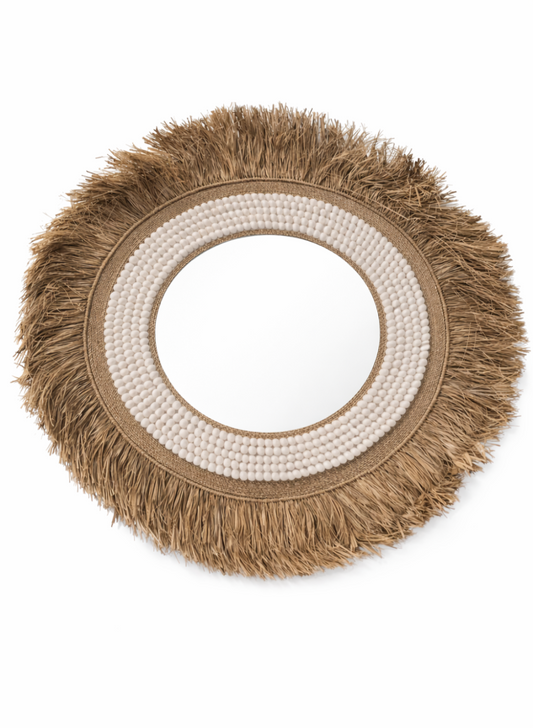 Grand Miroir Bohème 80 cm - Raphia Naturel et Coquillages Blancs