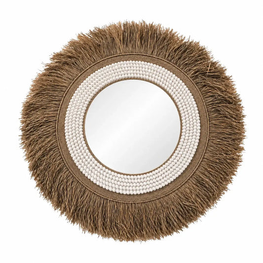Grand miroir rond en raphia 90 cm bohème