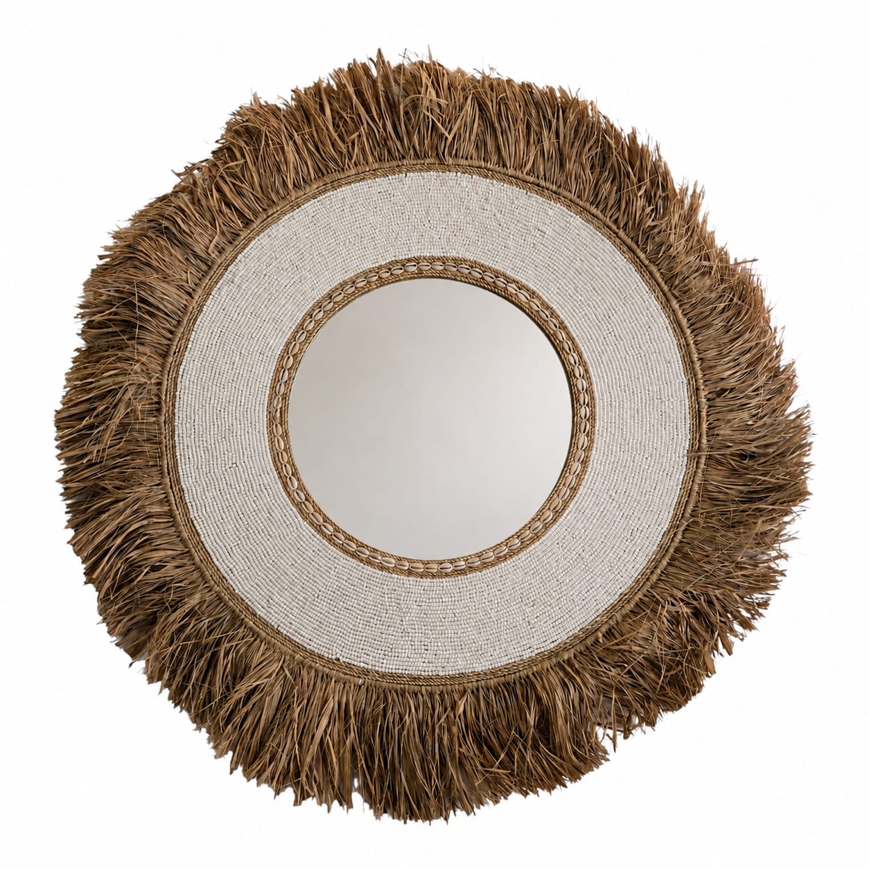 Miroir bohème en raphia, coquillages et perles de verre Ø 80 cm