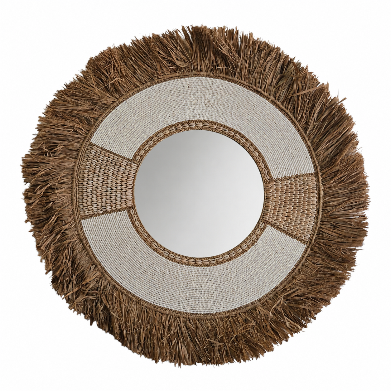 Miroir en raphia avec perles blanches et coquillages cauris Ø 80 cm