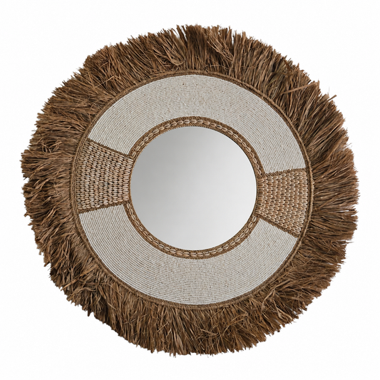 Miroir en raphia avec perles blanches et coquillages cauris Ø 80 cm