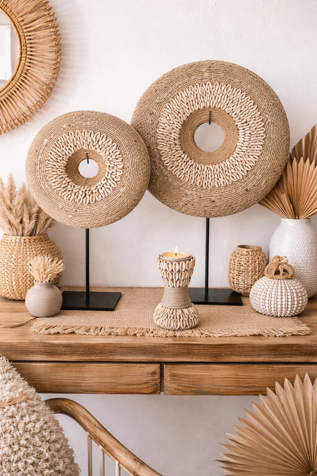 Décoration sur socle – Coquillages, raphia & perles beiges