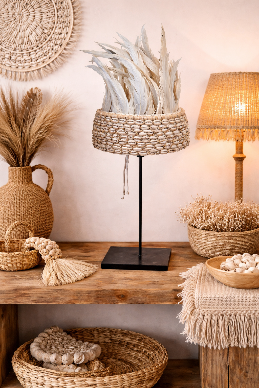 Masque décoratif tribal sur socle – Coquillages & perles