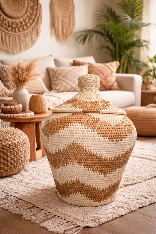 Grand panier tressé avec couvercle  – Fibres naturelles