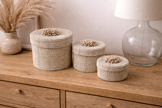 Trio de boîtes en perles beiges – Set de 3