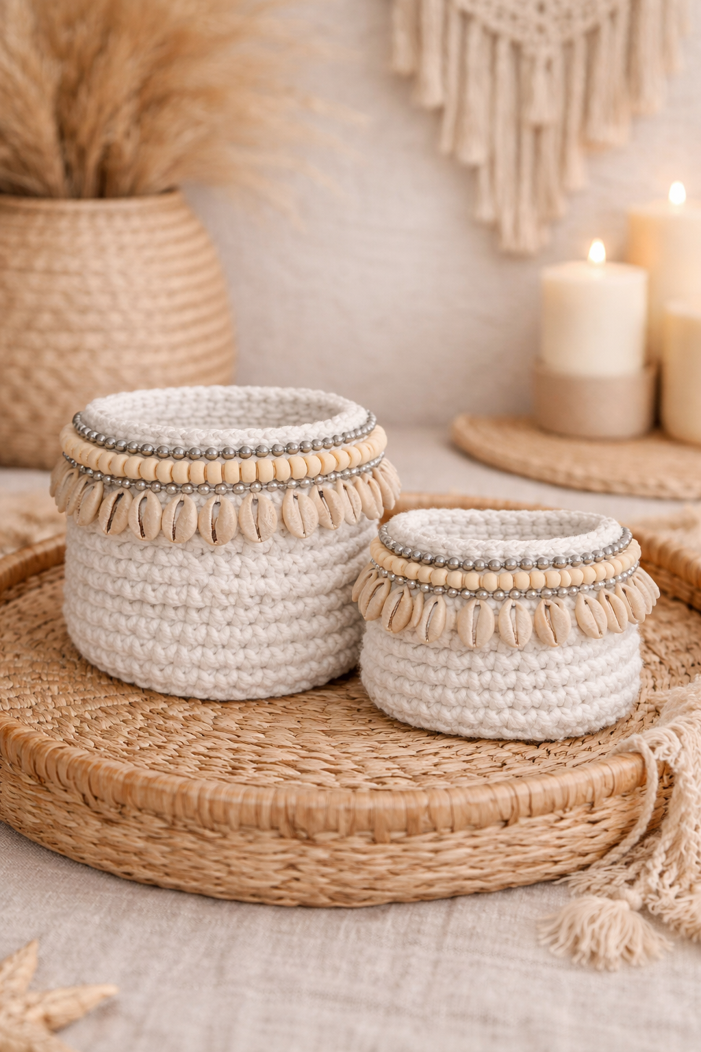 Set de paniers en macramé blanc / perles / coquillages