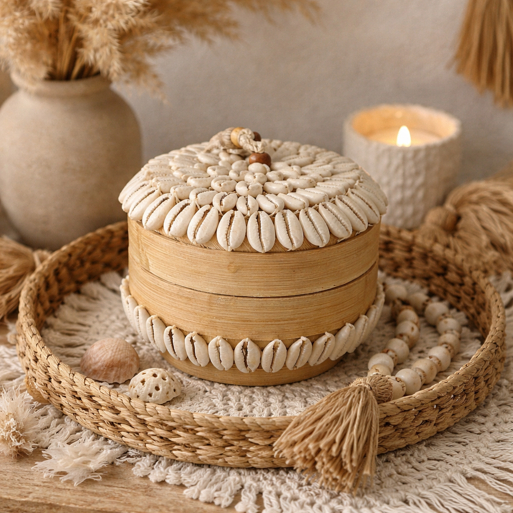 Petite boîte en bambou décorée de coquillages – Fait main à Bali