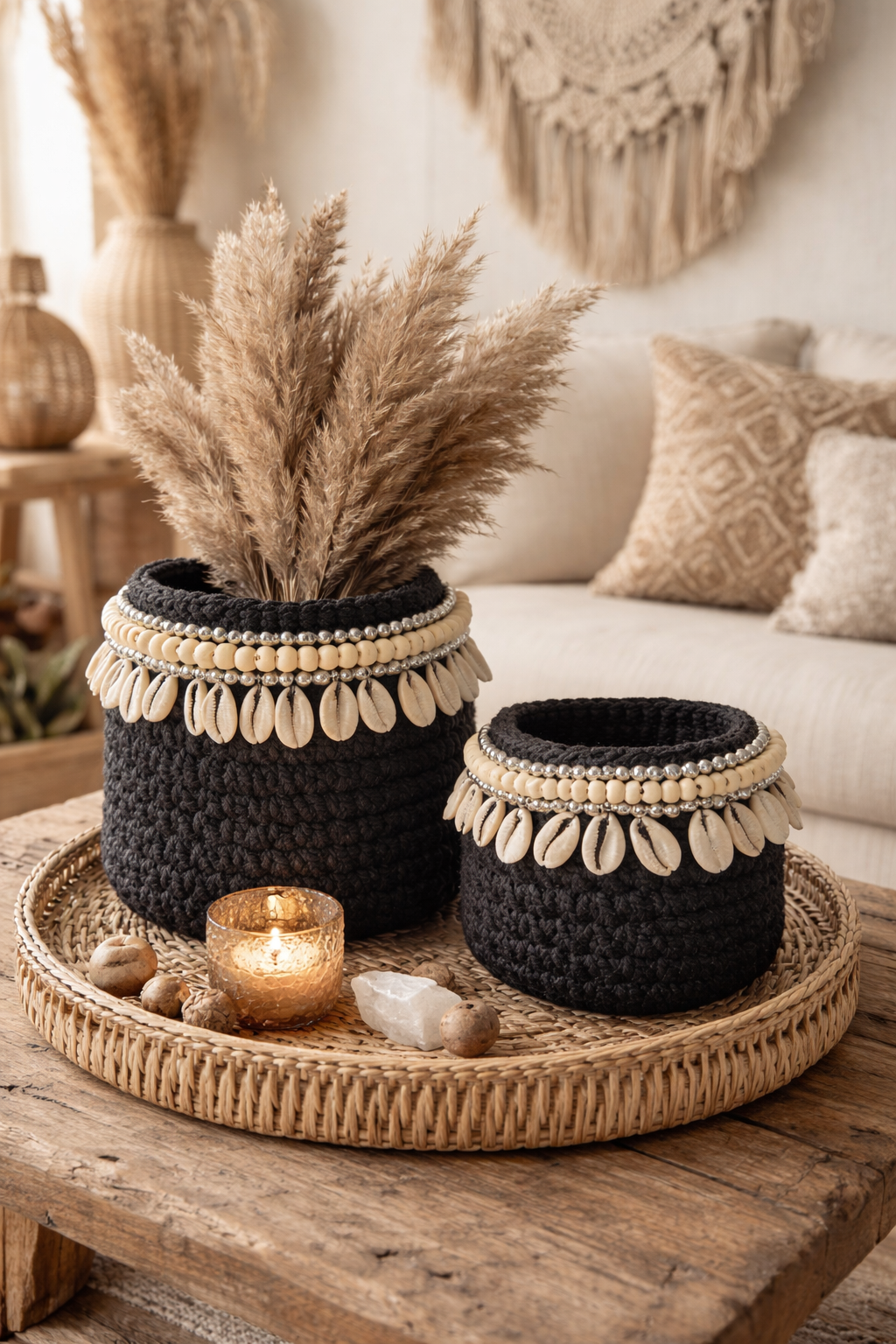 Set de paniers en macramé noir / perles / coquillages