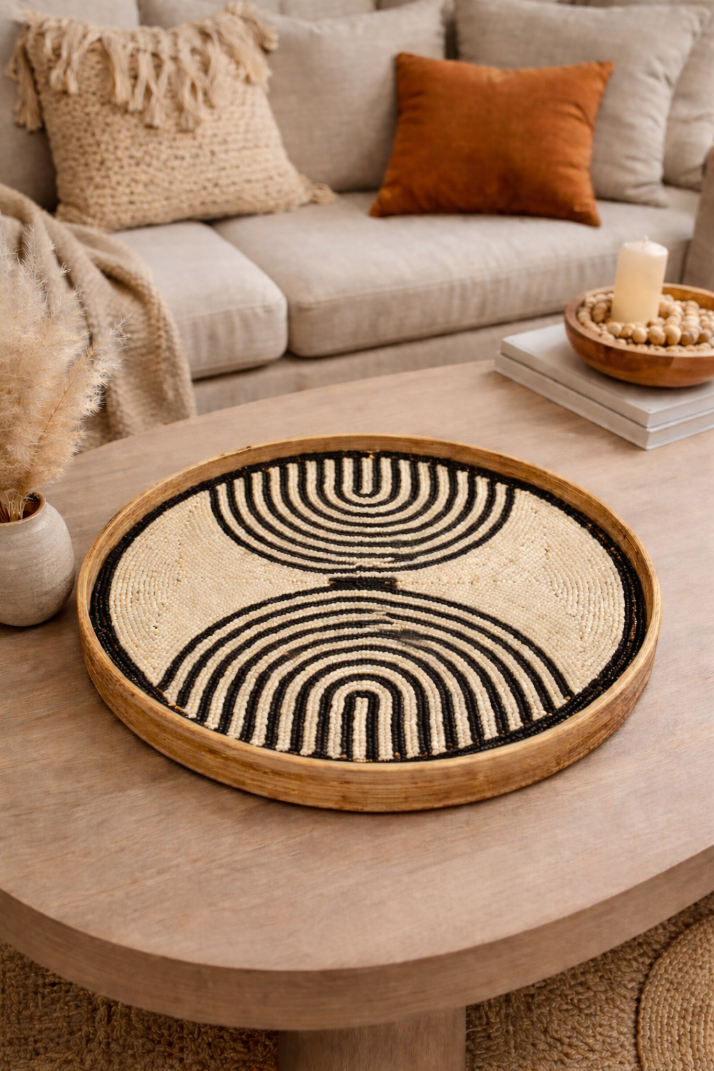 Plateau artisanal en bambou perlé – Style ethnique