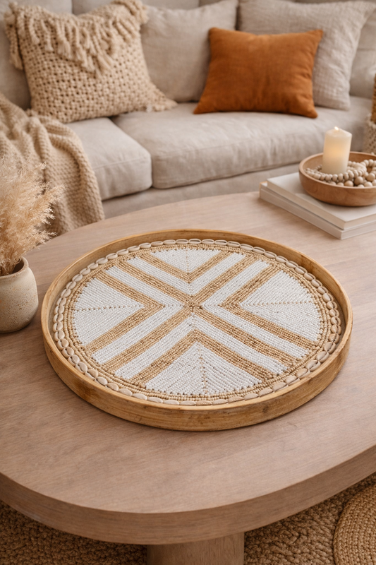 Plateau rond en bambou perlé – Motif bohème