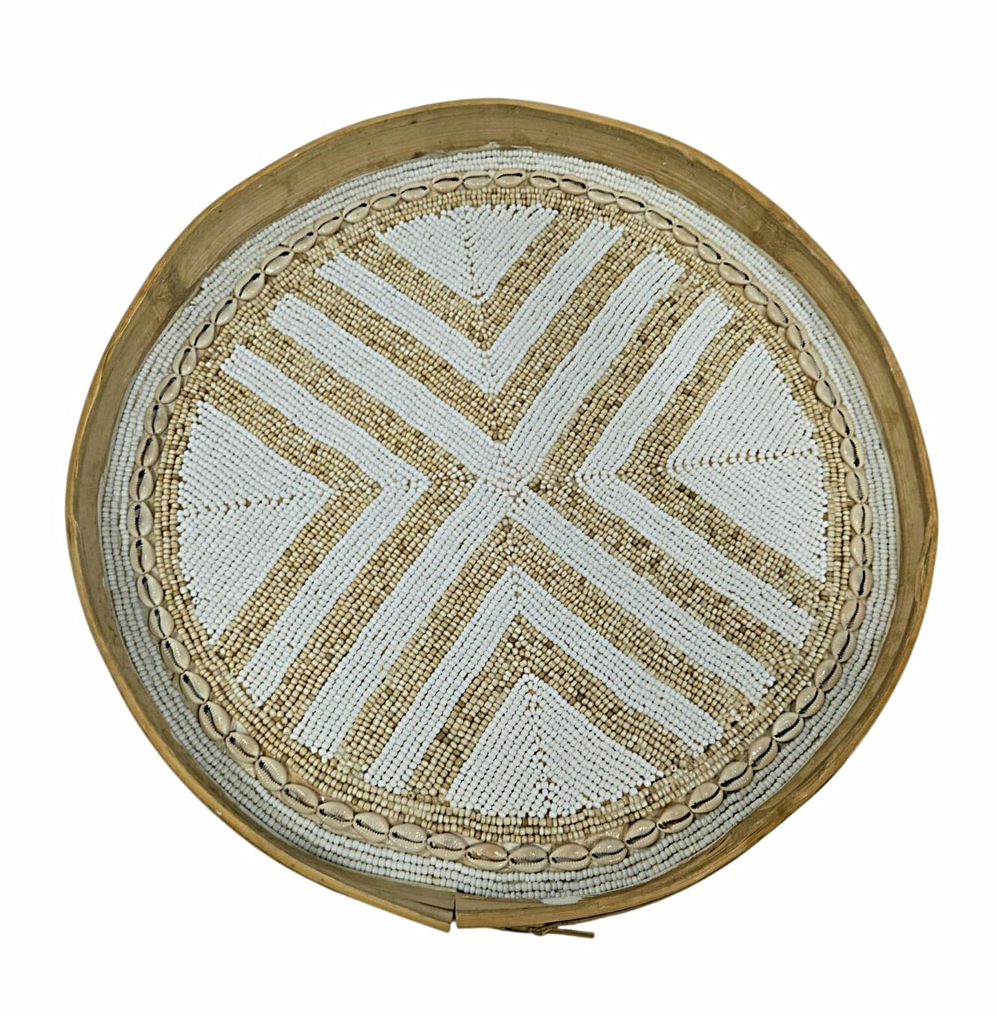 Plateau rond en bambou perlé motif bohème graphique